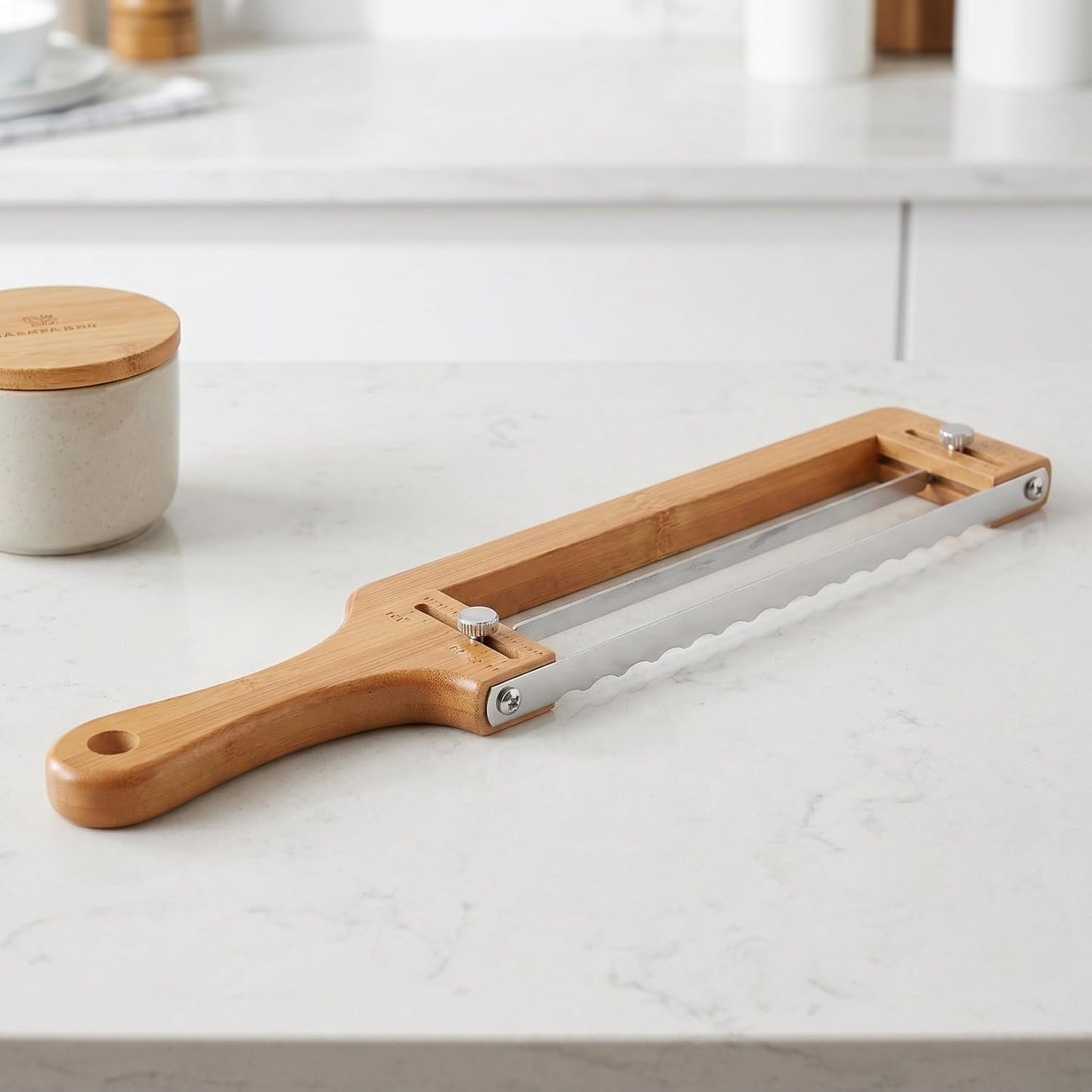 Bamboo Bread Slicer for Homemade Bread Adjustable Slicer with Thickness Guide Stainless Serrated Blade Hand for Sourdough Loaf Baguettes Bagels