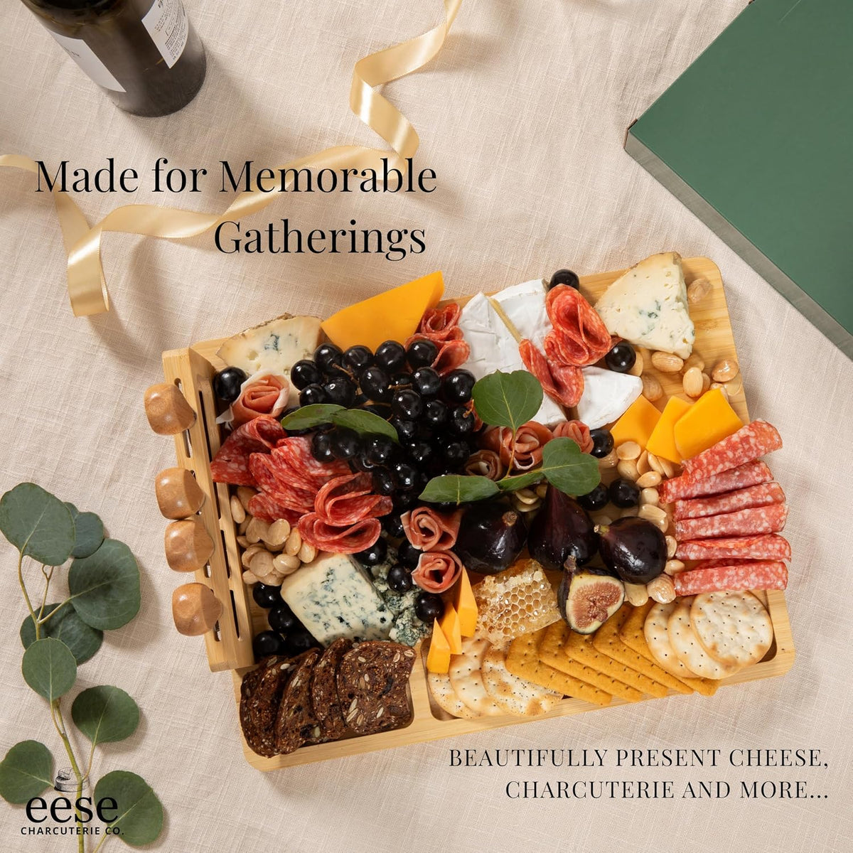 Eese Charcuterie Board Set, 14 x 11 Inch Bamboo Cheese Board with Cheese Knife Set, Deep Groove Serving Tray, Screw-Mount Utensil Holder, Gift for Housewarming & Entertaining