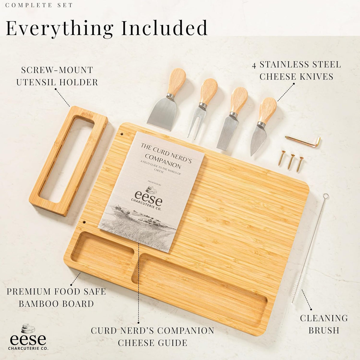 Eese Charcuterie Board Set, 14 x 11 Inch Bamboo Cheese Board with Cheese Knife Set, Deep Groove Serving Tray, Screw-Mount Utensil Holder, Gift for Housewarming & Entertaining