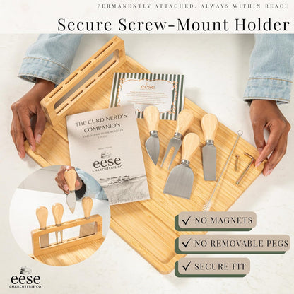 Eese Charcuterie Board Set, 14 x 11 Inch Bamboo Cheese Board with Cheese Knife Set, Deep Groove Serving Tray, Screw-Mount Utensil Holder, Gift for Housewarming & Entertaining