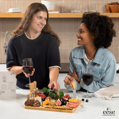 Eese Charcuterie Board Set, 14 x 11 Inch Bamboo Cheese Board with Cheese Knife Set, Deep Groove Serving Tray, Screw-Mount Utensil Holder, Gift for Housewarming & Entertaining