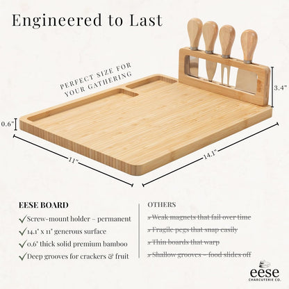 Eese Charcuterie Board Set, 14 x 11 Inch Bamboo Cheese Board with Cheese Knife Set, Deep Groove Serving Tray, Screw-Mount Utensil Holder, Gift for Housewarming & Entertaining