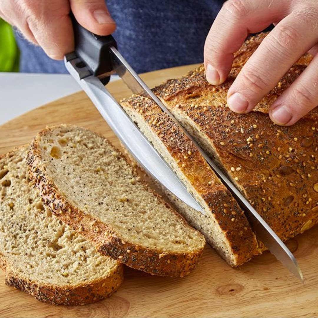 ' Precision Slicing Knife (Right-Handed) - 8 and 1/4 Inches Stainless Serrated Blade With Cutting Guide for Exact Slices Up To 5/8 Inch Thick