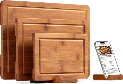 Deep-Carbonized Bamboo Cutting Board Set for Kitchen with Wood Storage Stand, Deep Juice Grooves, Easy-Grip Handles & Non-Slip Pads, Premium Kitchen Gift