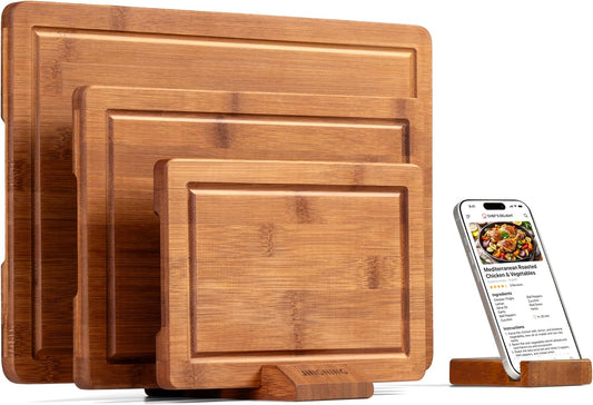 Deep-Carbonized Bamboo Cutting Board Set for Kitchen with Wood Storage Stand, Deep Juice Grooves, Easy-Grip Handles & Non-Slip Pads, Premium Kitchen Gift