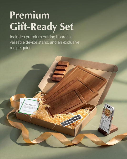 Deep-Carbonized Bamboo Cutting Board Set for Kitchen with Wood Storage Stand, Deep Juice Grooves, Easy-Grip Handles & Non-Slip Pads, Premium Kitchen Gift