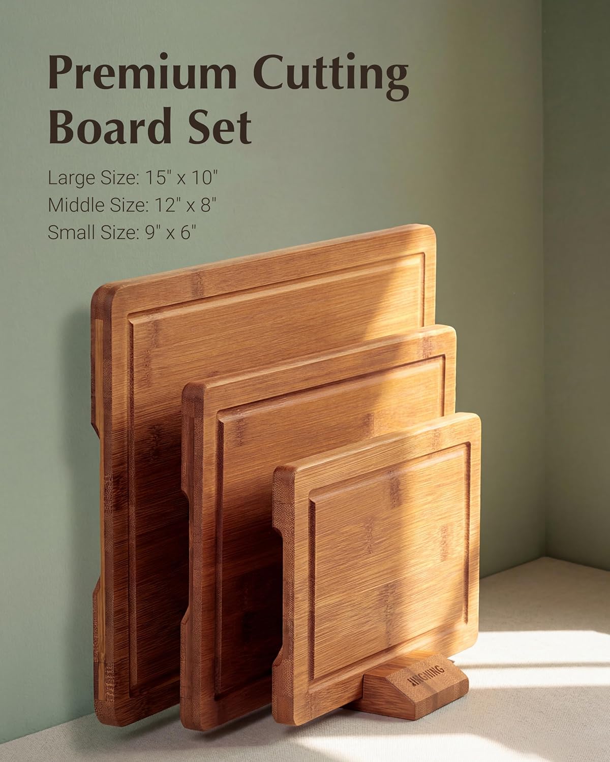 Deep-Carbonized Bamboo Cutting Board Set for Kitchen with Wood Storage Stand, Deep Juice Grooves, Easy-Grip Handles & Non-Slip Pads, Premium Kitchen Gift