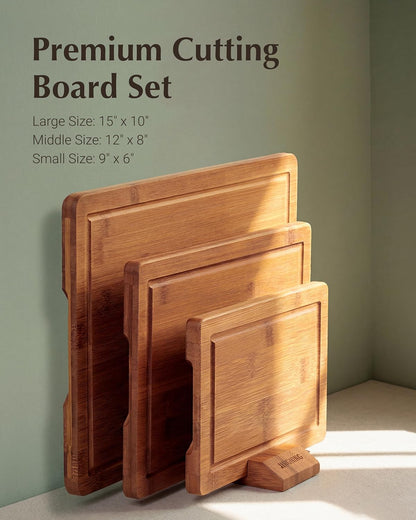 Deep-Carbonized Bamboo Cutting Board Set for Kitchen with Wood Storage Stand, Deep Juice Grooves, Easy-Grip Handles & Non-Slip Pads, Premium Kitchen Gift