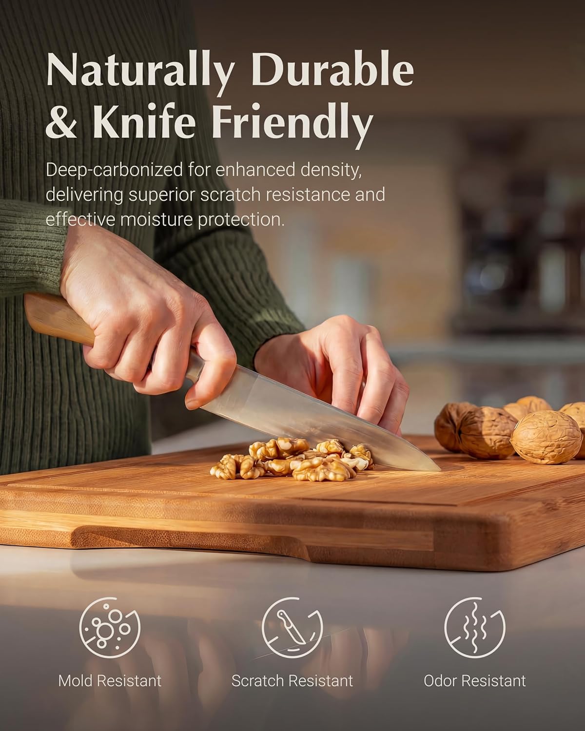 Deep-Carbonized Bamboo Cutting Board Set for Kitchen with Wood Storage Stand, Deep Juice Grooves, Easy-Grip Handles & Non-Slip Pads, Premium Kitchen Gift