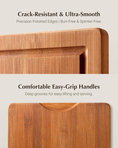 Deep-Carbonized Bamboo Cutting Board Set for Kitchen with Wood Storage Stand, Deep Juice Grooves, Easy-Grip Handles & Non-Slip Pads, Premium Kitchen Gift
