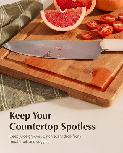 Deep-Carbonized Bamboo Cutting Board Set for Kitchen with Wood Storage Stand, Deep Juice Grooves, Easy-Grip Handles & Non-Slip Pads, Premium Kitchen Gift