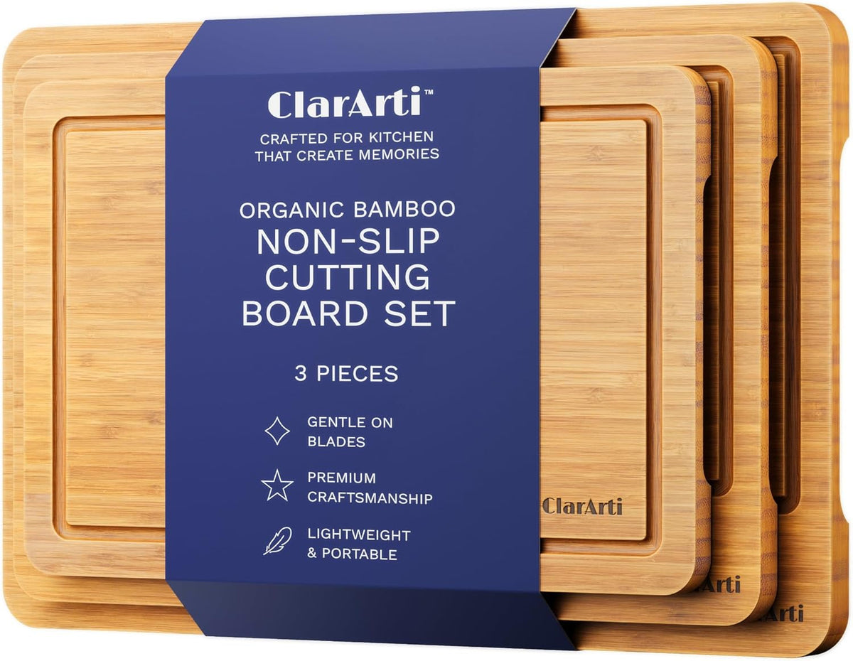 Bamboo Cutting Boards for Kitchen – Set of 3 Non-Slip Wood Cutting Boards with Juice Groove – Thick Organic Bamboo Chopping Board Set for Meat, Vegetables & Meal Prep