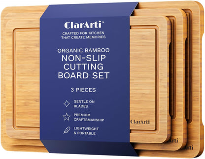Bamboo Cutting Boards for Kitchen – Set of 3 Non-Slip Wood Cutting Boards with Juice Groove – Thick Organic Bamboo Chopping Board Set for Meat, Vegetables & Meal Prep