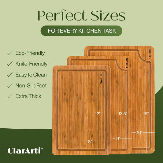 Bamboo Cutting Boards for Kitchen – Set of 3 Non-Slip Wood Cutting Boards with Juice Groove – Thick Organic Bamboo Chopping Board Set for Meat, Vegetables & Meal Prep