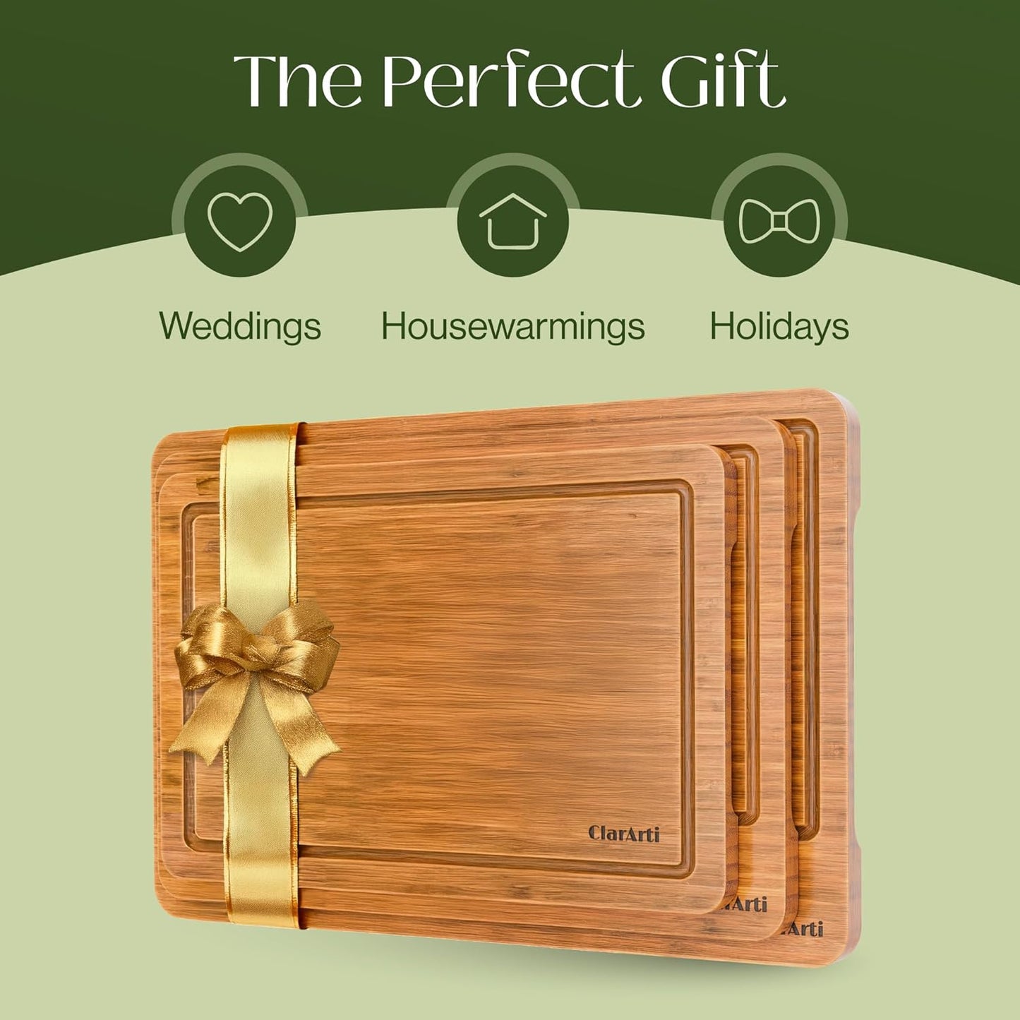 Bamboo Cutting Boards for Kitchen – Set of 3 Non-Slip Wood Cutting Boards with Juice Groove – Thick Organic Bamboo Chopping Board Set for Meat, Vegetables & Meal Prep