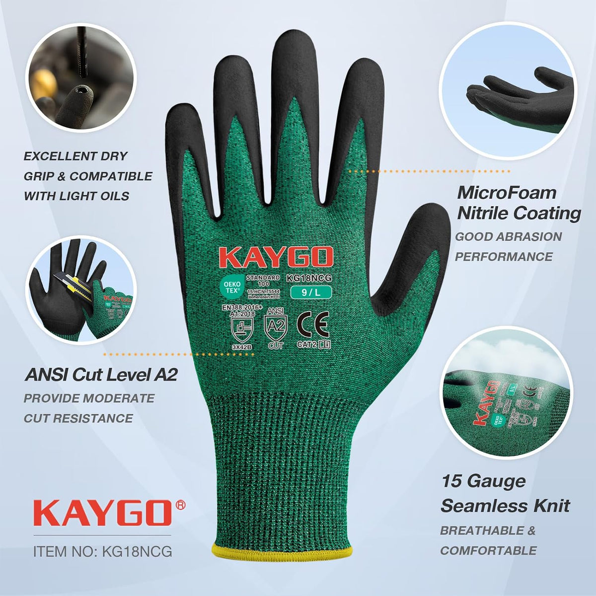 Cut Resistant Gloves, MicroFoam Nitrile Coated, KG18NCG, 3 Pairs | HPPE/Fiberglass, Oil-Resistant Grip, ANSI Cut Resistant Level A2, Breathable 18 Gauge Knit, for Construction, Automotive