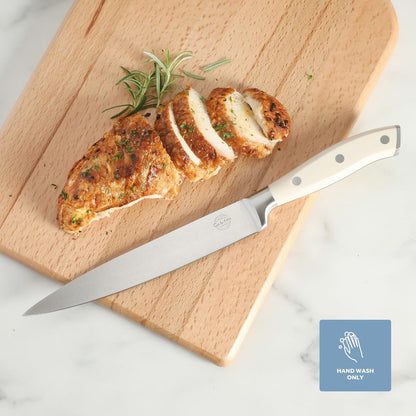 Kitchen Essential Tasting Kitchen German Steel Slicer Knife, 8-Inch Stainless Steel Blade – Professional Kitchen Knife with White Handle and Forged Full Tang