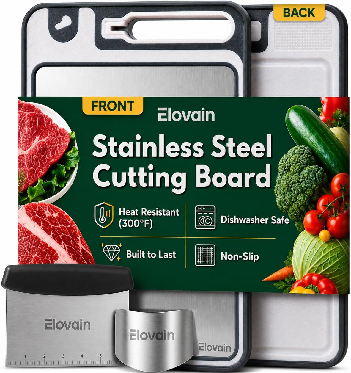 Stainless Steel Cutting Board with Built-In Knife Sharpener | Bench Scraper | Double-Sided 304 Food-Grade Steel and Wheat Straw · For Meat and Vegetables · Dishwasher Safe · 15x10 Inch · 3-Piece Set