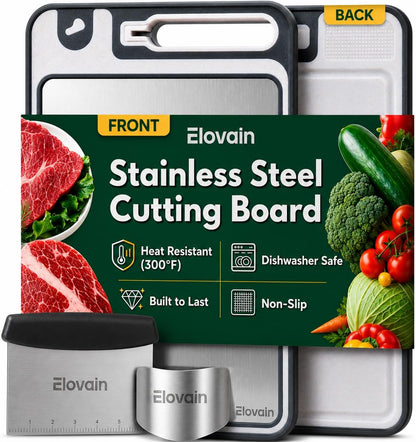 Stainless Steel Cutting Board with Built-In Knife Sharpener | Bench Scraper | Double-Sided 304 Food-Grade Steel and Wheat Straw · For Meat and Vegetables · Dishwasher Safe · 15x10 Inch · 3-Piece Set