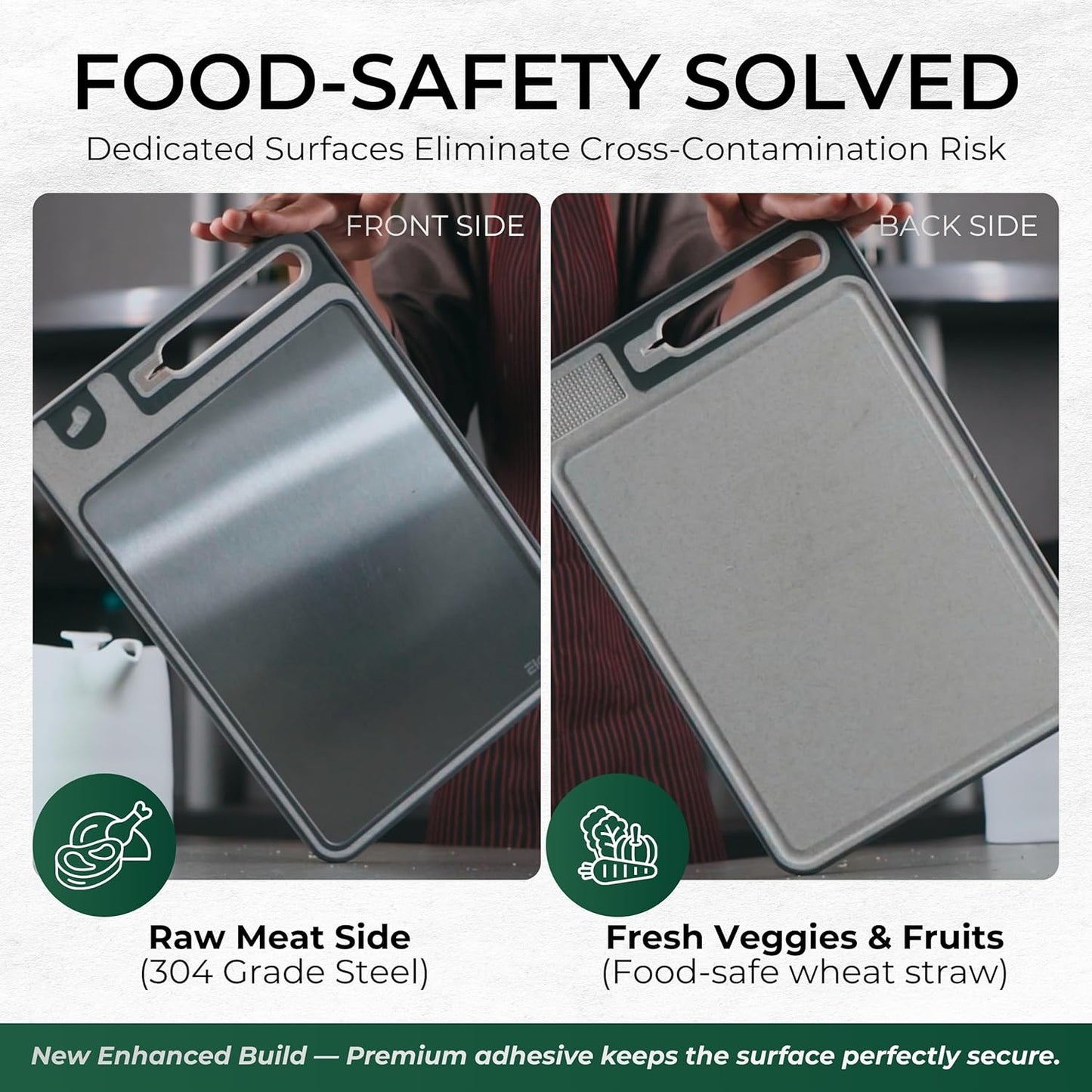 Stainless Steel Cutting Board with Built-In Knife Sharpener | Bench Scraper | Double-Sided 304 Food-Grade Steel and Wheat Straw · For Meat and Vegetables · Dishwasher Safe · 15x10 Inch · 3-Piece Set