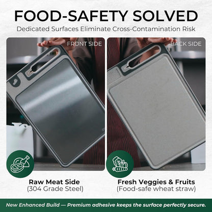 Stainless Steel Cutting Board with Built-In Knife Sharpener | Bench Scraper | Double-Sided 304 Food-Grade Steel and Wheat Straw · For Meat and Vegetables · Dishwasher Safe · 15x10 Inch · 3-Piece Set