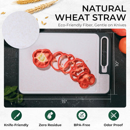 Stainless Steel Cutting Board with Built-In Knife Sharpener | Bench Scraper | Double-Sided 304 Food-Grade Steel and Wheat Straw · For Meat and Vegetables · Dishwasher Safe · 15x10 Inch · 3-Piece Set