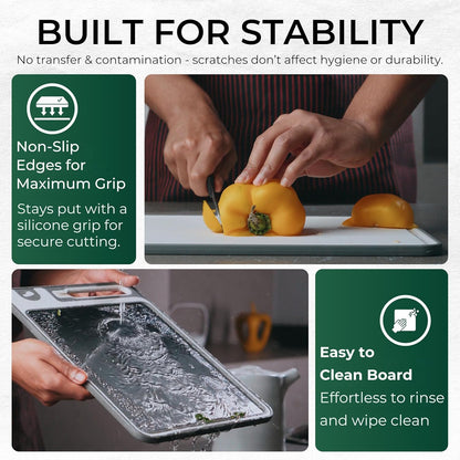 Stainless Steel Cutting Board with Built-In Knife Sharpener | Bench Scraper | Double-Sided 304 Food-Grade Steel and Wheat Straw · For Meat and Vegetables · Dishwasher Safe · 15x10 Inch · 3-Piece Set