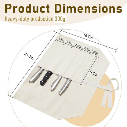 Knife Roll Bag, Japanese Canvas Chef Knife Roll with 5 Slots, Professional Kitchen Storage Organizer, Portable Carrying Case for Chefs, Hold Kitchen Tools up to 15 Inch