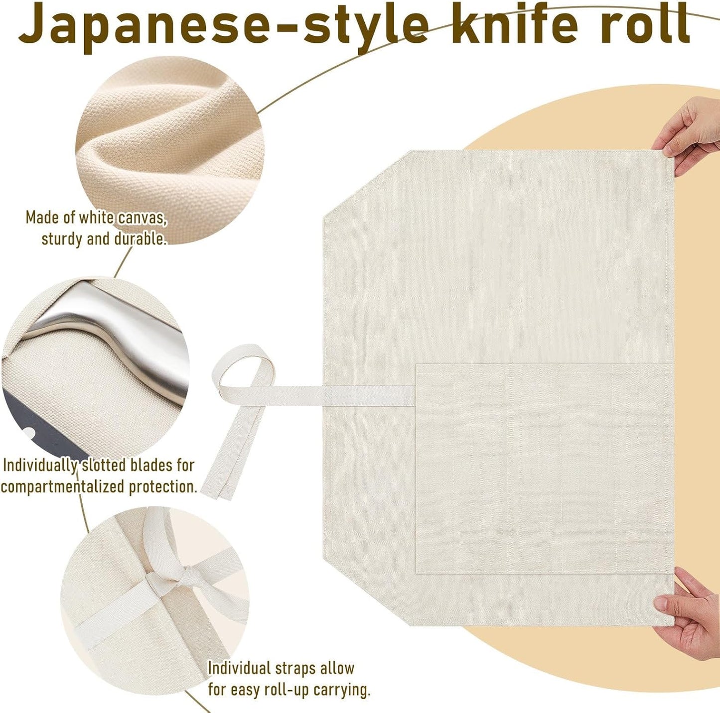 Knife Roll Bag, Japanese Canvas Chef Knife Roll with 5 Slots, Professional Kitchen Storage Organizer, Portable Carrying Case for Chefs, Hold Kitchen Tools up to 15 Inch