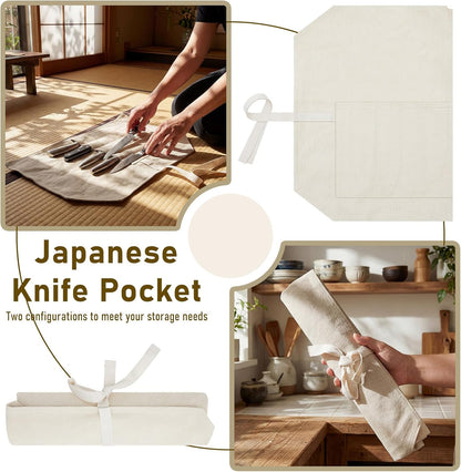 Knife Roll Bag, Japanese Canvas Chef Knife Roll with 5 Slots, Professional Kitchen Storage Organizer, Portable Carrying Case for Chefs, Hold Kitchen Tools up to 15 Inch