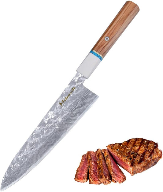 Gyuto Japanese All-Purpose Knife, For Meat & Vegetable Prep, Hand-Hammered Starry Damascus, Convex Grind Edge, Olive Wood Handle – Chef Gift IceRaven 210mm