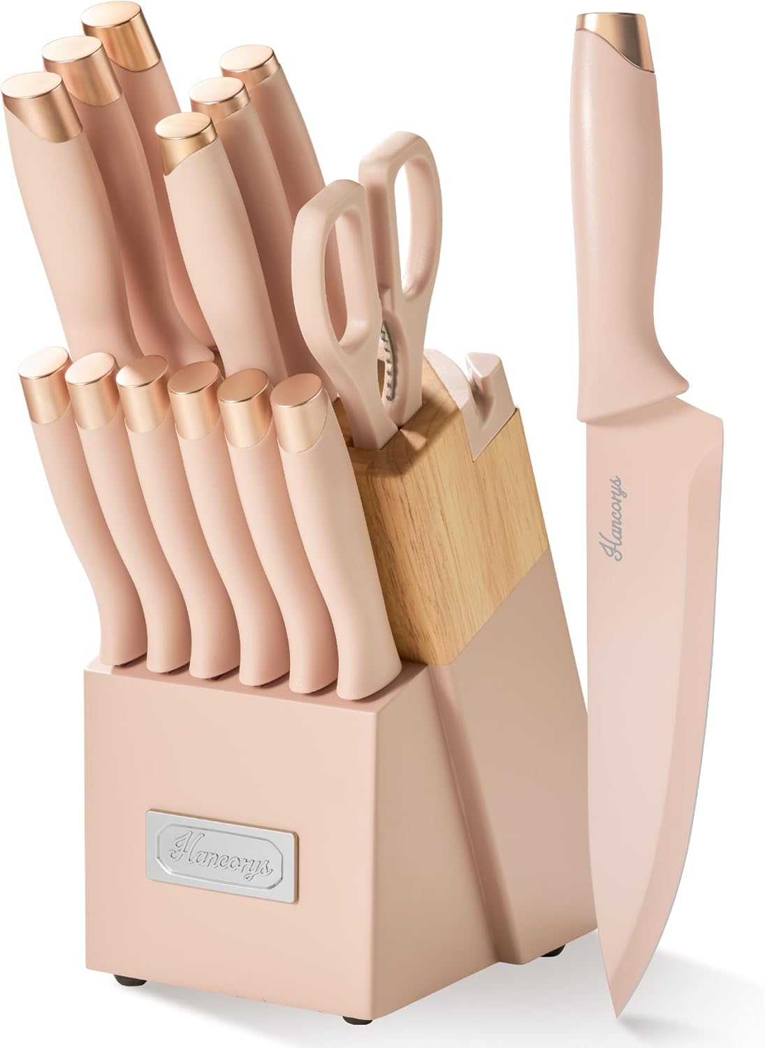 15 PCS Black Knife Set for Kitchen with Block, Built-In Sharpener