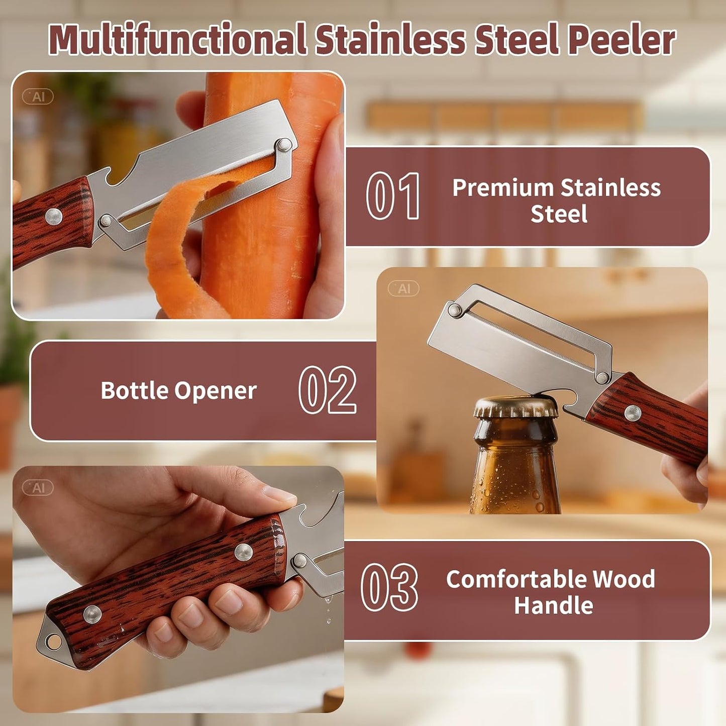 Multifunctional Vegetable Peeler, 2 in 1 Stainless Steel Fruit Veggie Peeler, Handheld Potato Peeler Knife with Bottle Opener Kitchen Tool for Peeling Carrrot Pineapple Pumpkin Papaya(2 Pack)