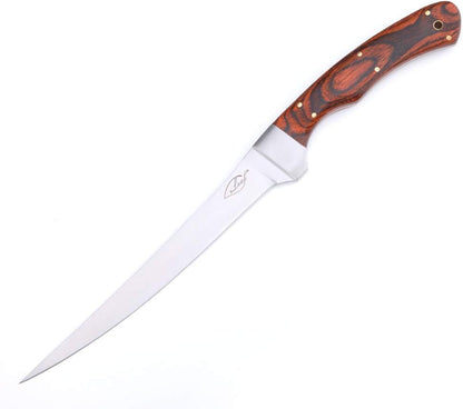 Fish Fillet Knife with Pakka Wood Handle and Sheath, 6.5" Full Tang Stainless Steel Blade for Kitchen Fishing Camping