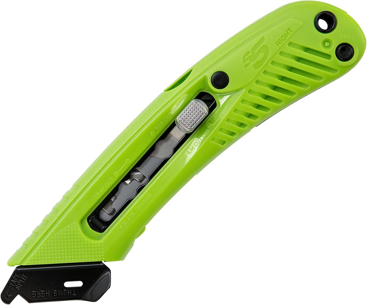 S5R Box Cutter | Heavy Duty Utility Knife, Tape Splitter, & Film Cutter | 3-Position Retractable Box Cutter with Easy Blade Change | For Right Handed Users