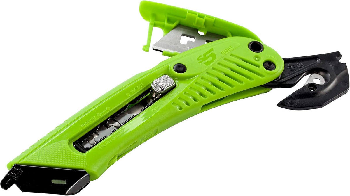 S5R Box Cutter | Heavy Duty Utility Knife, Tape Splitter, & Film Cutter | 3-Position Retractable Box Cutter with Easy Blade Change | For Right Handed Users