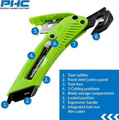 S5R Box Cutter | Heavy Duty Utility Knife, Tape Splitter, & Film Cutter | 3-Position Retractable Box Cutter with Easy Blade Change | For Right Handed Users