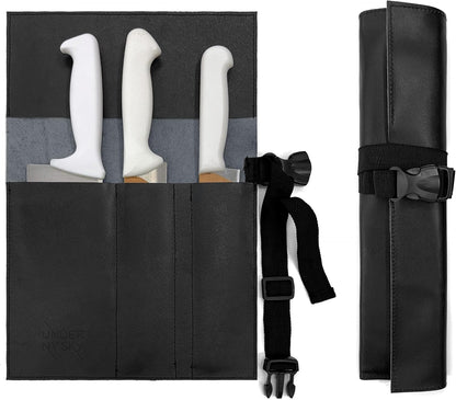 Genuine Leather Knife Roll Case, Bag For Chefs, 1 Slot, Black | Real Leather Pouch, Portable Bag for Cooking Tools, Utensils, Cutlery Knives, Brushes, Roll For Chefs, Kitchen, Travel, Gift