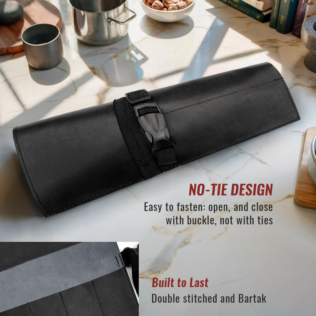 Genuine Leather Knife Roll Case, Bag For Chefs, 1 Slot, Black | Real Leather Pouch, Portable Bag for Cooking Tools, Utensils, Cutlery Knives, Brushes, Roll For Chefs, Kitchen, Travel, Gift
