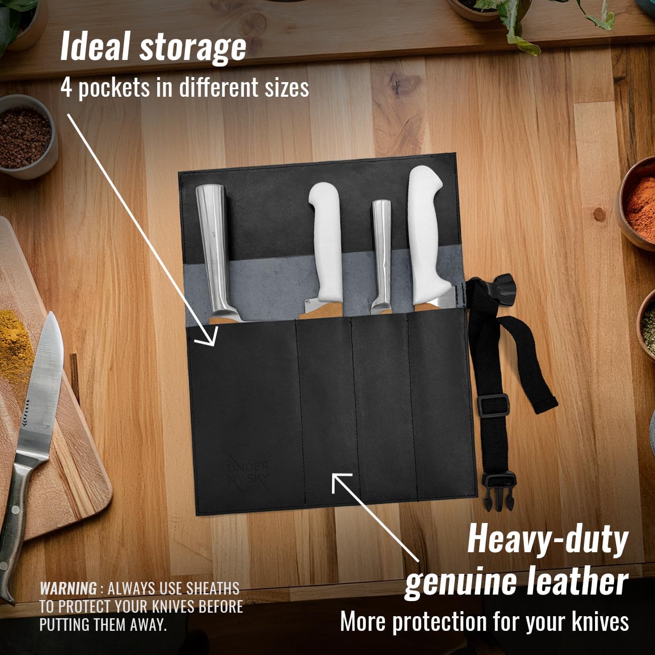 Genuine Leather Knife Roll Case, Bag For Chefs, 1 Slot, Black | Real Leather Pouch, Portable Bag for Cooking Tools, Utensils, Cutlery Knives, Brushes, Roll For Chefs, Kitchen, Travel, Gift