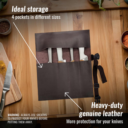 Genuine Leather Knife Roll Case, Bag For Chefs, 1 Slot, Black | Real Leather Pouch, Portable Bag for Cooking Tools, Utensils, Cutlery Knives, Brushes, Roll For Chefs, Kitchen, Travel, Gift