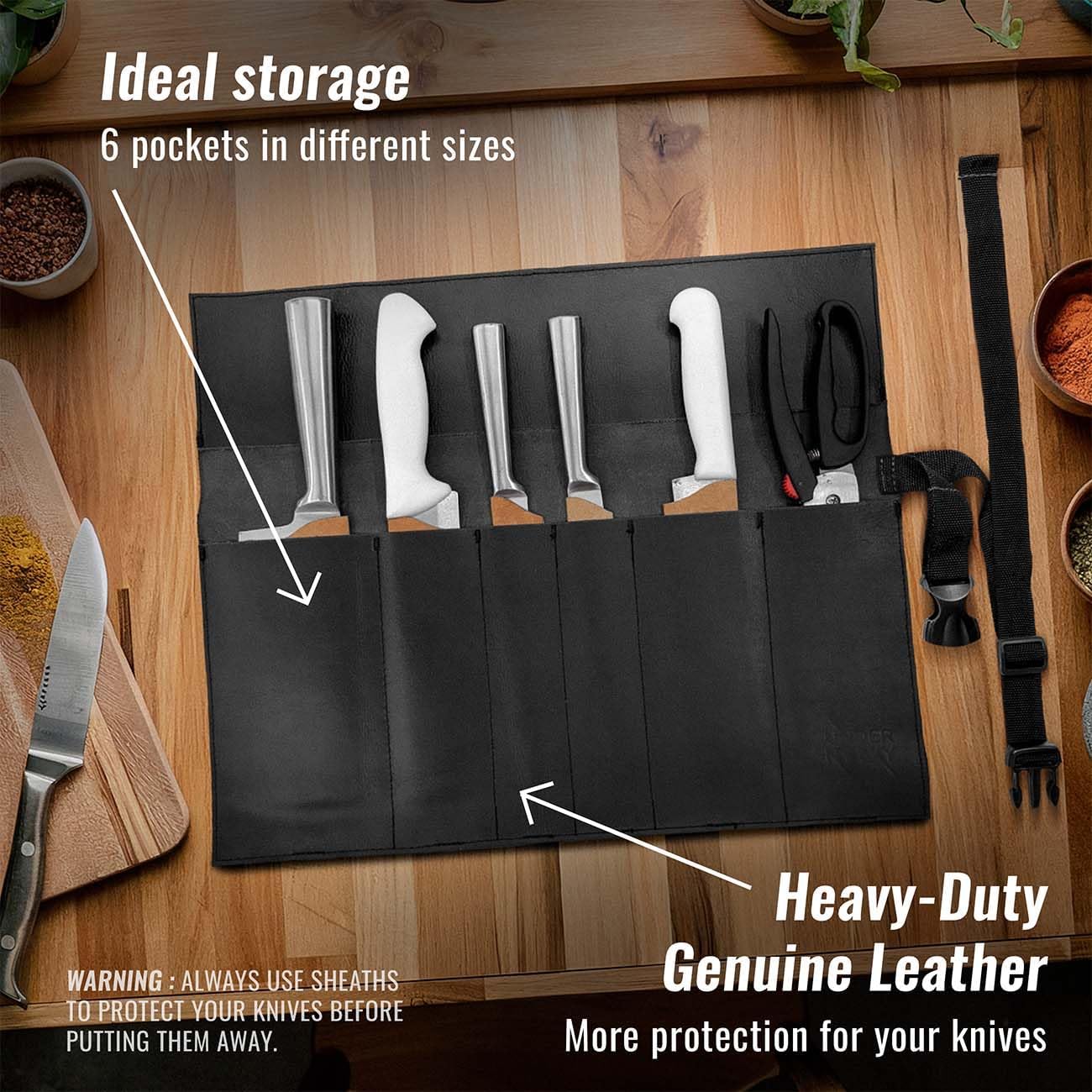 Genuine Leather Knife Roll Case, Bag For Chefs, 1 Slot, Black | Real Leather Pouch, Portable Bag for Cooking Tools, Utensils, Cutlery Knives, Brushes, Roll For Chefs, Kitchen, Travel, Gift