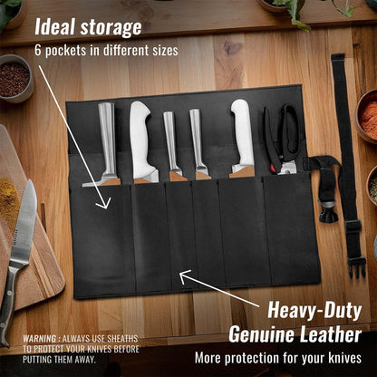 Genuine Leather Knife Roll Case, Bag For Chefs, 1 Slot, Black | Real Leather Pouch, Portable Bag for Cooking Tools, Utensils, Cutlery Knives, Brushes, Roll For Chefs, Kitchen, Travel, Gift