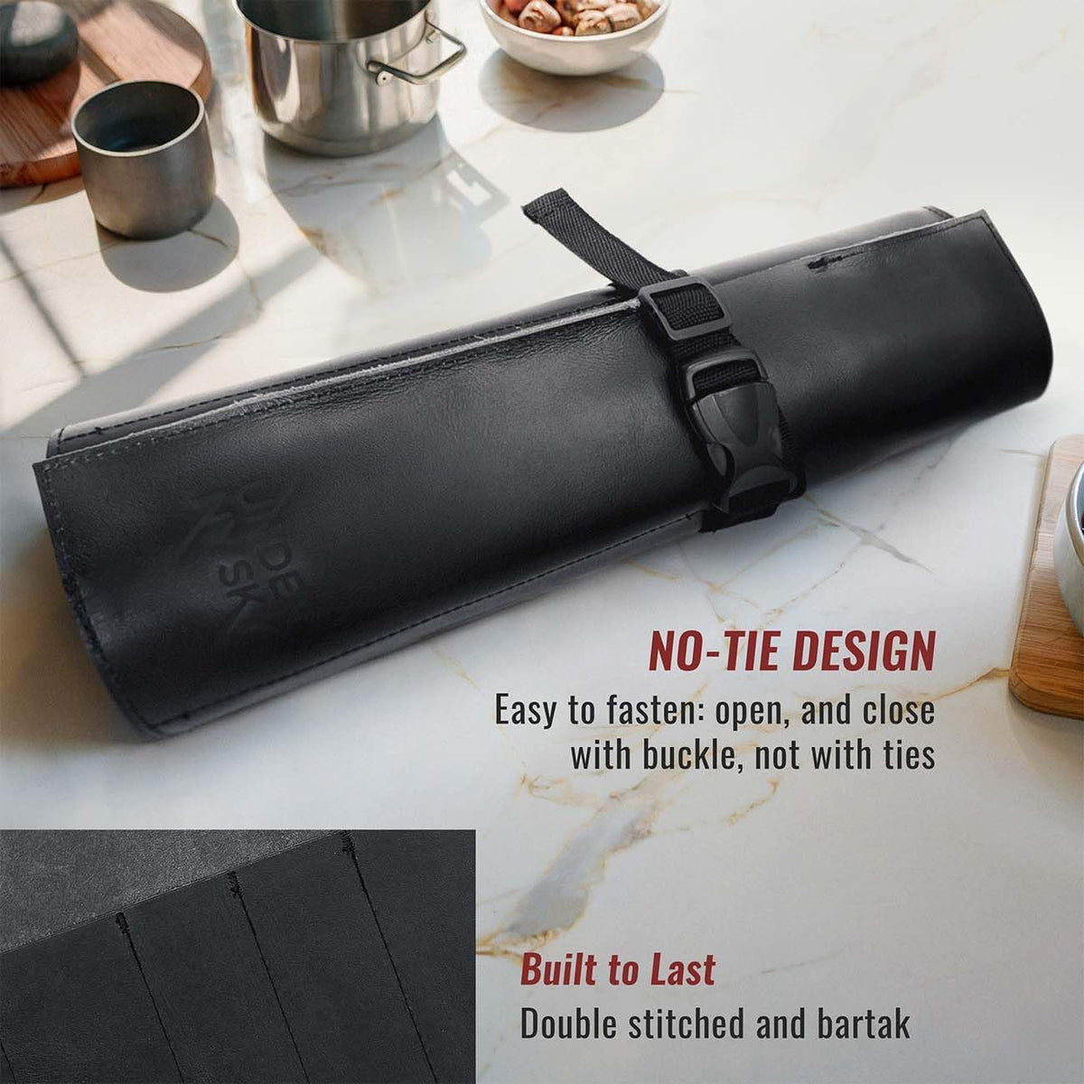 Genuine Leather Knife Roll Case, Bag For Chefs, 1 Slot, Black | Real Leather Pouch, Portable Bag for Cooking Tools, Utensils, Cutlery Knives, Brushes, Roll For Chefs, Kitchen, Travel, Gift