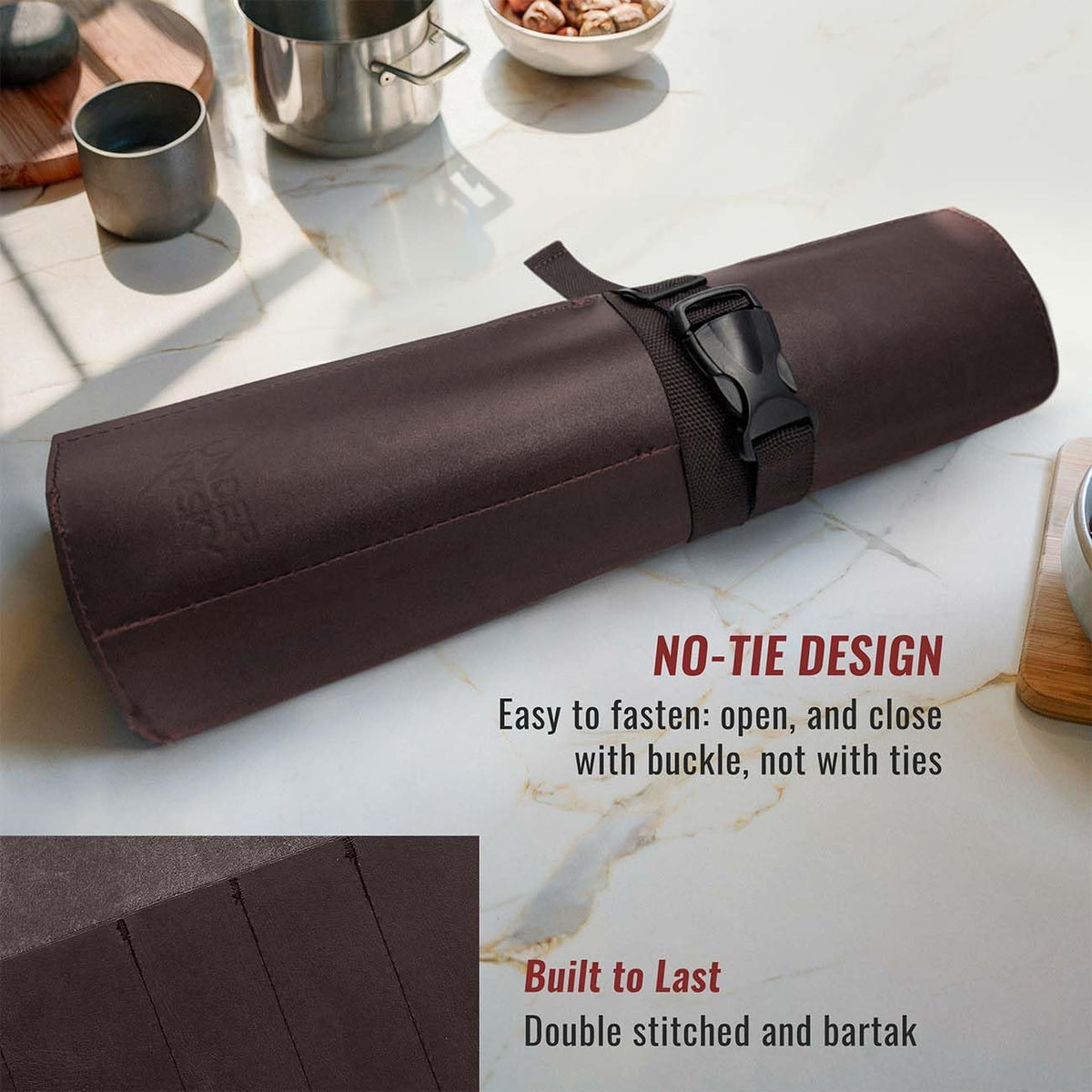 Genuine Leather Knife Roll Case, Bag For Chefs, 1 Slot, Black | Real Leather Pouch, Portable Bag for Cooking Tools, Utensils, Cutlery Knives, Brushes, Roll For Chefs, Kitchen, Travel, Gift