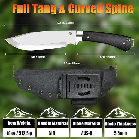 Fixed Blade Bushcraft Knife with Sheath,12.6'' Full Tang Tactical Bowie Knife for Camping Hunting G10 Handle,Outdoor Survival Knives for Men EDC AUS-8 Steel Blade Hiking