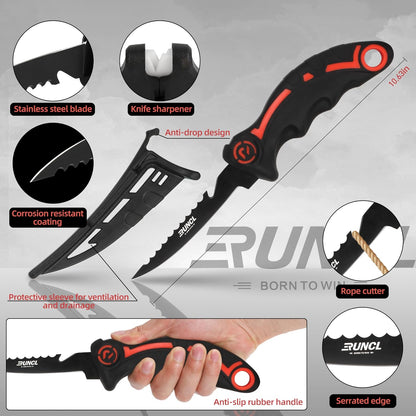 RUNCL 4pc Fishing Tool Kit- Fishing Pliers, Fish Fillet Knife with Sharpener, Fish Lip Gripper, Fishing Braid Scissors, Saltwater Fishing Gear and Equipment with Sheath/Lanyard, Fishing Gifts for Men