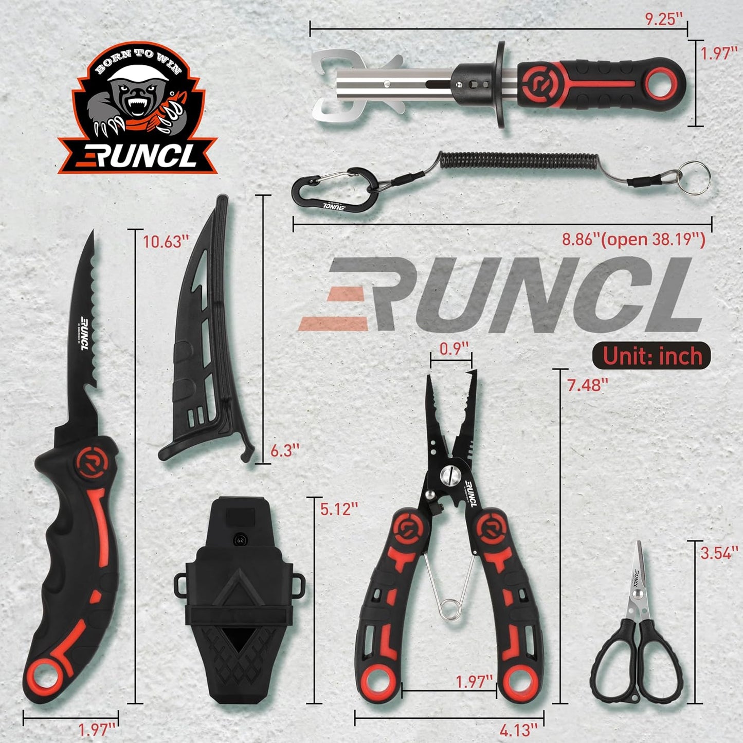 RUNCL 4pc Fishing Tool Kit- Fishing Pliers, Fish Fillet Knife with Sharpener, Fish Lip Gripper, Fishing Braid Scissors, Saltwater Fishing Gear and Equipment with Sheath/Lanyard, Fishing Gifts for Men