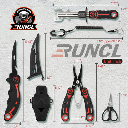 RUNCL 4pc Fishing Tool Kit- Fishing Pliers, Fish Fillet Knife with Sharpener, Fish Lip Gripper, Fishing Braid Scissors, Saltwater Fishing Gear and Equipment with Sheath/Lanyard, Fishing Gifts for Men