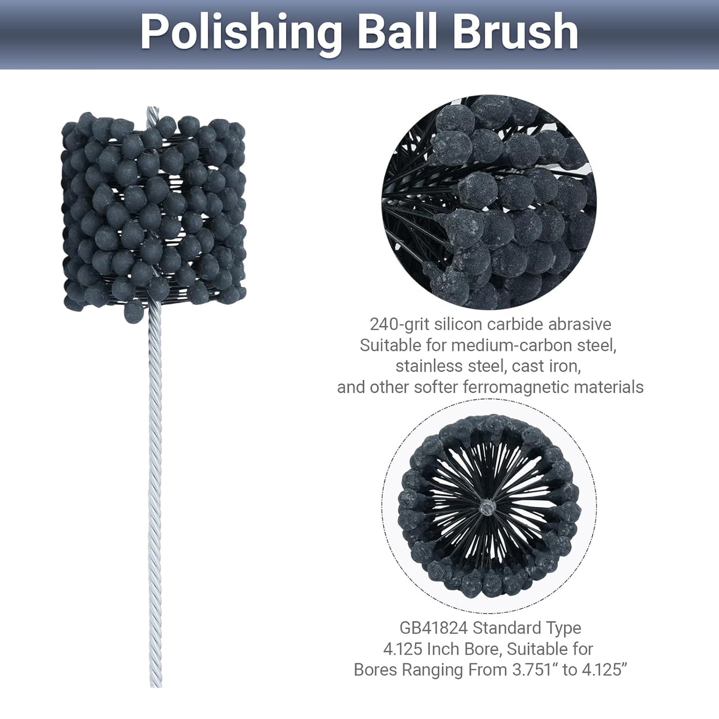 Cylinder Hone, 240 Grit Silicon Carbide, 4 1/8" (105mm) Diameter Ball Hone for Hole Diameters 3 3/4" - 4 1/8", Cylinder Engine Sanding Brush for Mild Steel, Stainless Steel, and Cast Iron